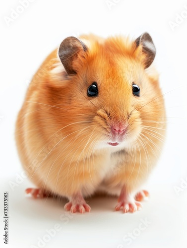 Close-up of a golden hamster with shiny eyes, showcasing its fluffy fur on a white background.