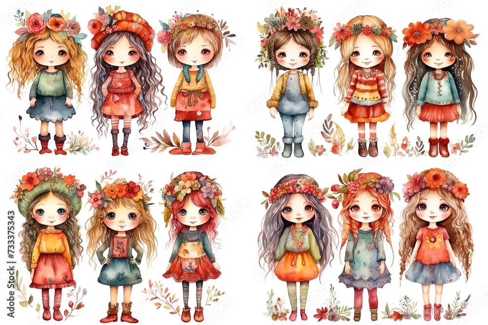 watercolor painting style illustration of cute happy spring girls, isolated on white background, collection set, generative Ai	
