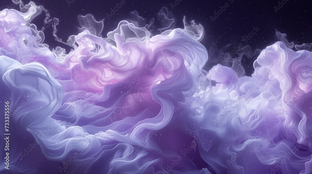 Delicate tendrils of pearl white and celestial lavender cascading in water, forming an enchanting and dreamy abstract composition against a backdrop of profound cosmic black.  - obrazy, fototapety, plakaty 