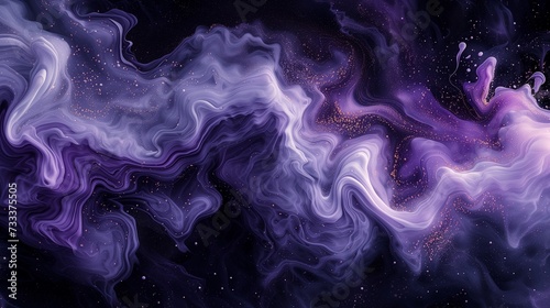 Delicate tendrils of pearl white and celestial lavender cascading in water, forming an enchanting and dreamy abstract composition against a backdrop of profound cosmic black. 