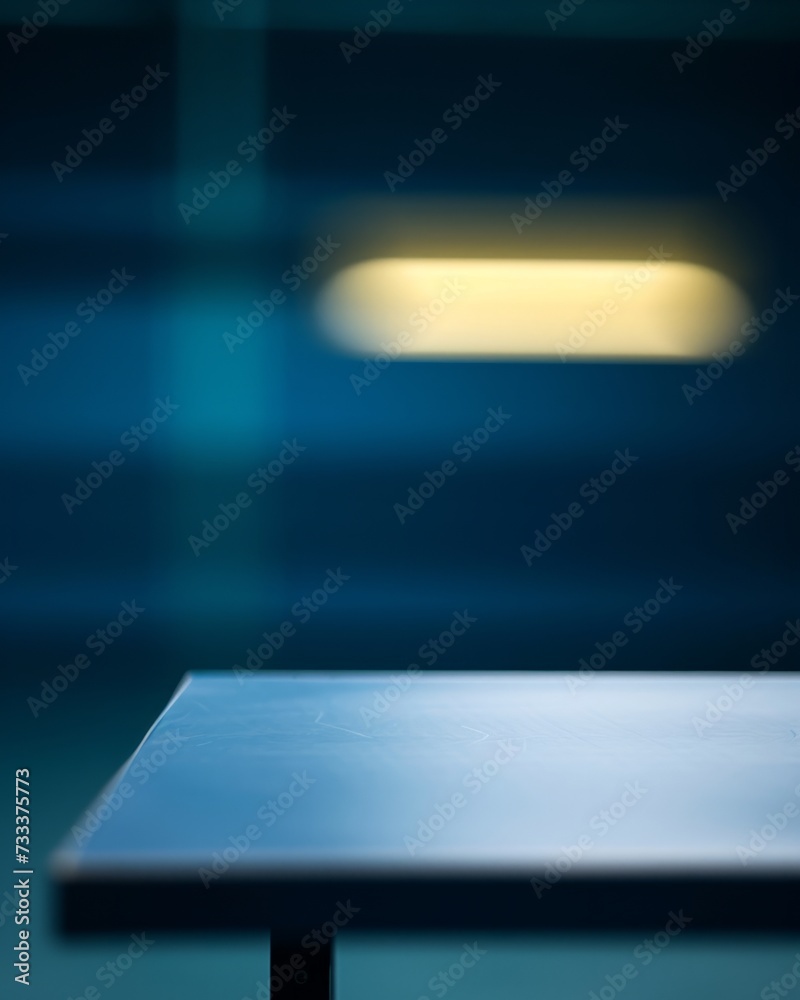 Modern blue table with blurred architectural corridor background