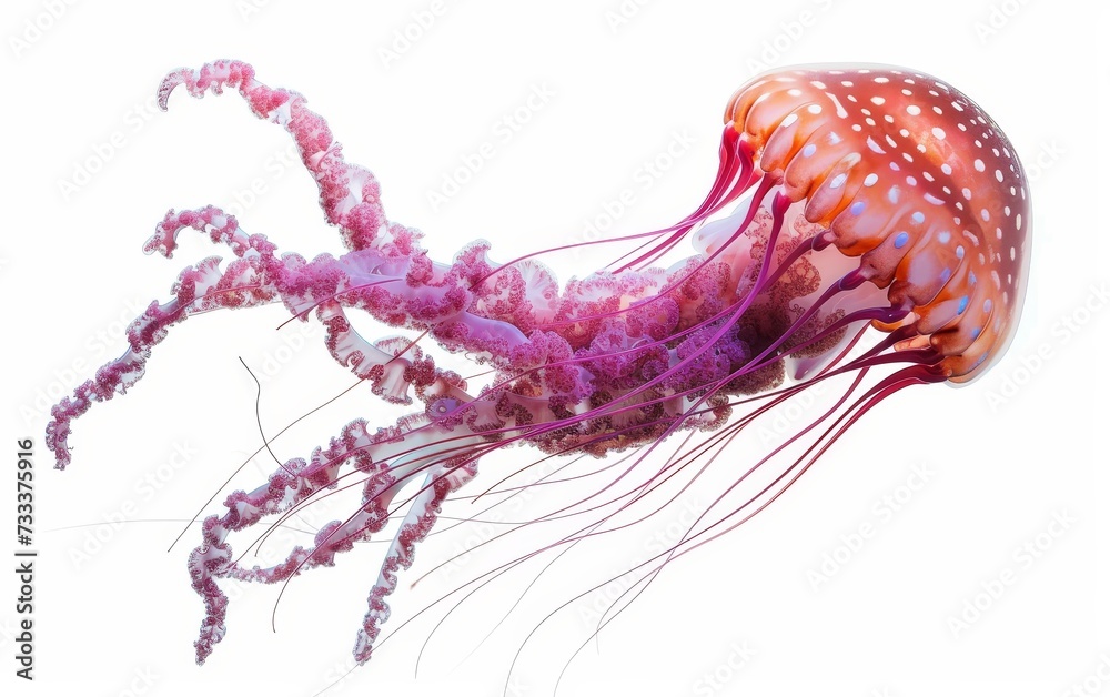 Vibrant pink jellyfish with translucent tentacles extended, isolated on white. Vibrant pink jellyfish with translucent tentacles extended, isolated on white.