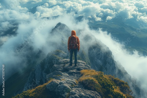 A man standing on top of a mountain. A conceptual photo composition of goals and achievements