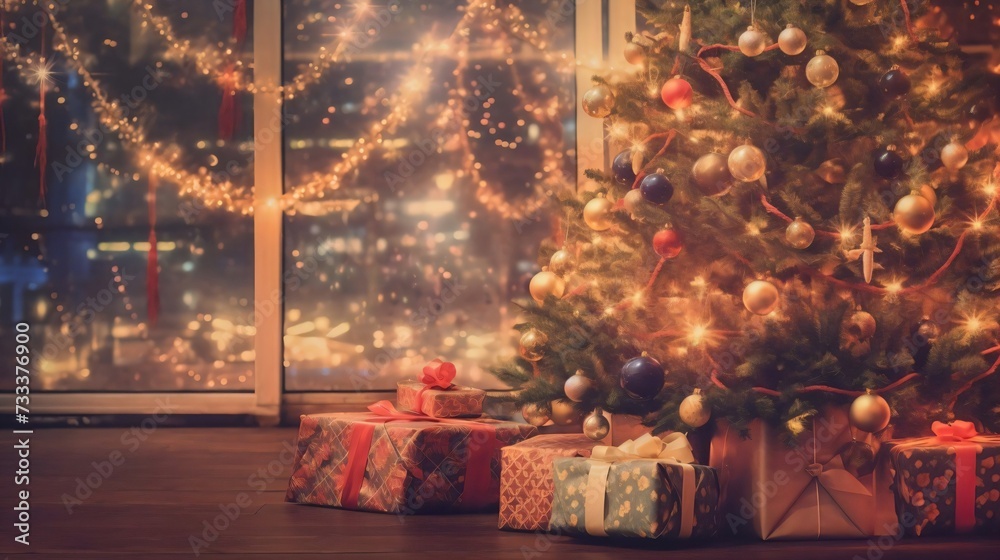 Obraz premium Warm, festive Christmas tree with presents under it, glowing city lights through window. Perfect for holiday cards, marketing, and social media.