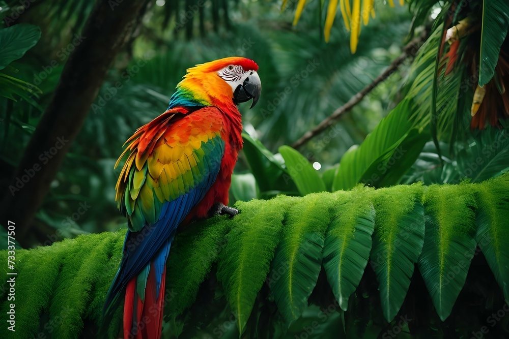 Red and yellow macaw parrot in a tropical exotic jungle full of green leaves and plants wallpaper background