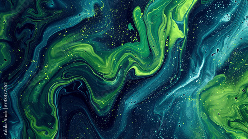 Vibrant Green Swirls on Abstract Art Navy Blue Paint Background with Liquid Fluid Grunge Texture