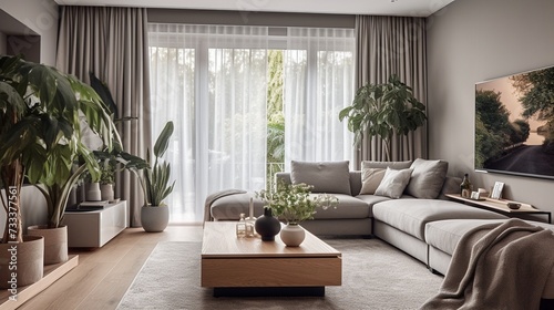 Nowoczesny przytulny salon z kanapą sofą zasłonami firanami i domowymi roślinami photo