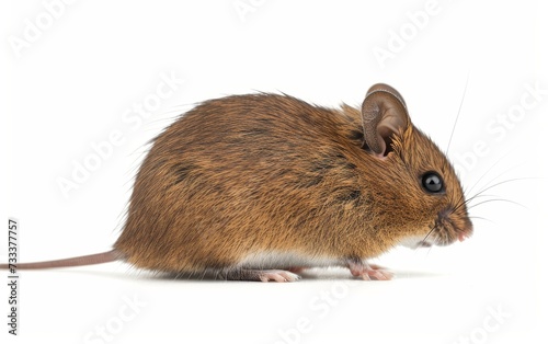 Side profile of a brown mouse against a white background, showing fine fur detail and whiskers.