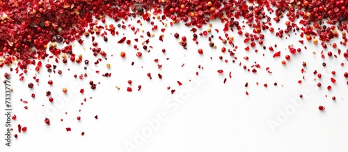 Top view of red pepper spice scattered on a white isolated background. photo