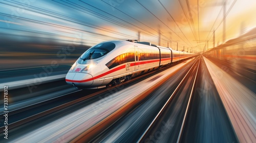 A high-speed train zooming through a scenic countryside, modern design, motion blur, representing speed and modern transportation. Resplendent.