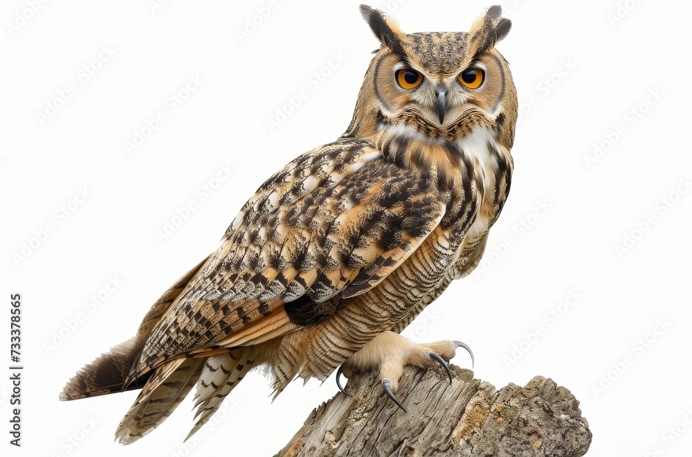 Fototapeta premium Close-up portrait of a Great Horned Owl with piercing eyes, isolated on white.