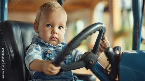 baby boy child Hand hold steering wheel in driving seat in car seat with a hard look