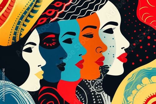 Illustration of women faces with abstract patterns on black background.
