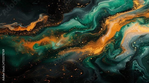 Dynamic sweeps of vibrant emerald and golden ochre in fluid motion, crafting an abstract dance captured in acrylic on a canvas of profound black. 