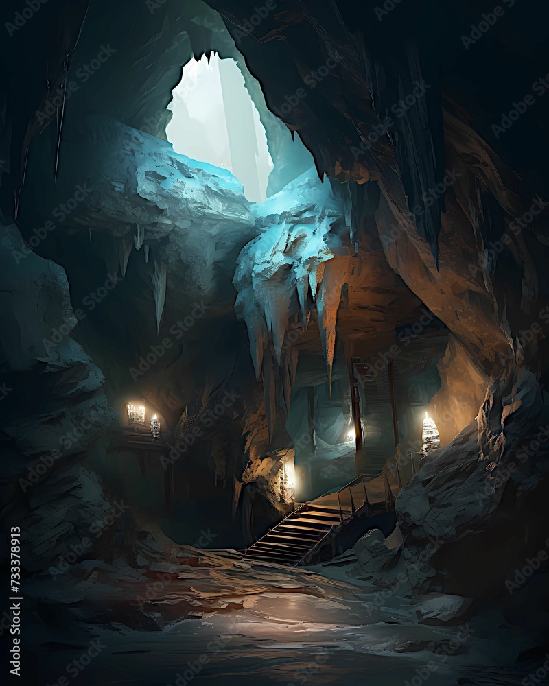 some lights shine inside an icy cave in the background is an illuminated staircase and ice