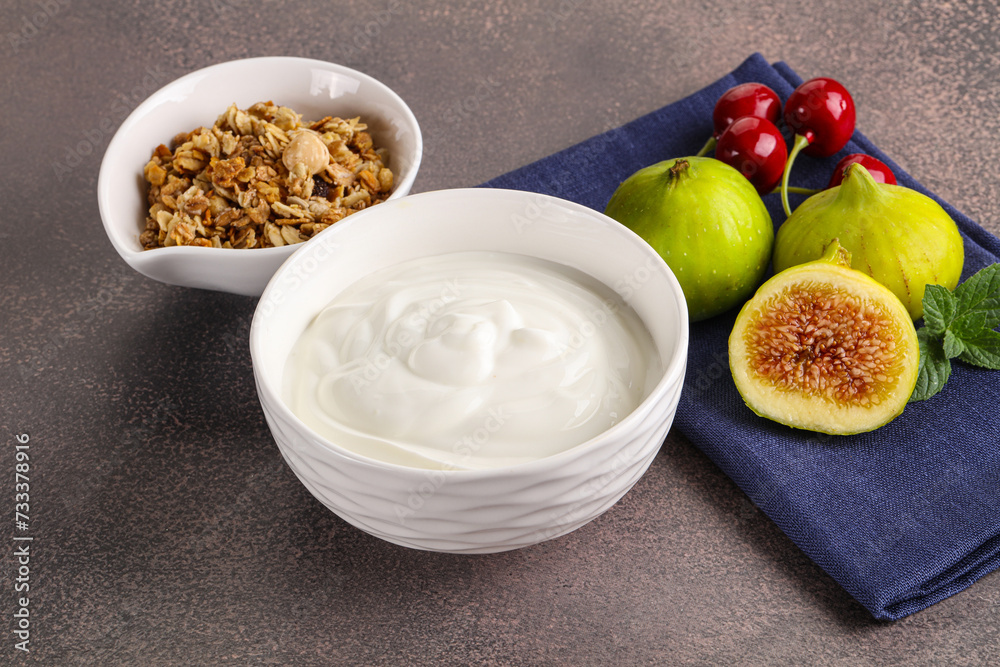 Traditional homemade Greek yoghurt with granola Traditional homemade Greek yoghurt with granola