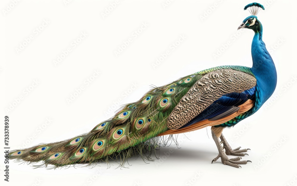 Fototapeta premium A peacock displaying its spectacular tail feathers in full splendor, isolated on white.