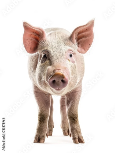 Adorable young piglet standing, looking directly at the camera, isolated on white.