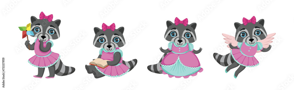 Raccoon Girl Character with Bow and Dress Vector Set