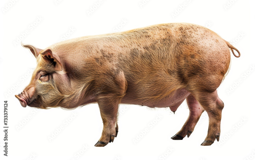 Side view of a full-grown domestic pig with a sandy brown coat, standing isolated on white. Side view of a full-grown domestic pig with a sandy brown coat, standing isolated on white.