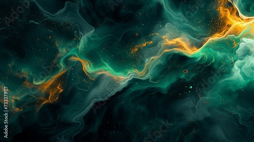Dynamic swirls of vibrant emerald and molten bronze converging in an intricate dance, creating a modern and energetic abstract artwork on a background of deep ink black. 
