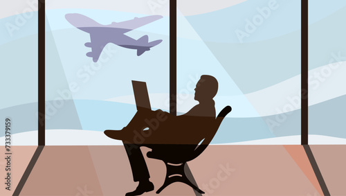 Freelancer in the airport lounge, color flat illustration