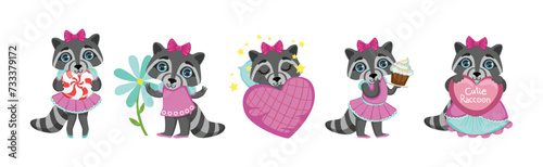 Raccoon Girl Character with Bow and Dress Vector Set