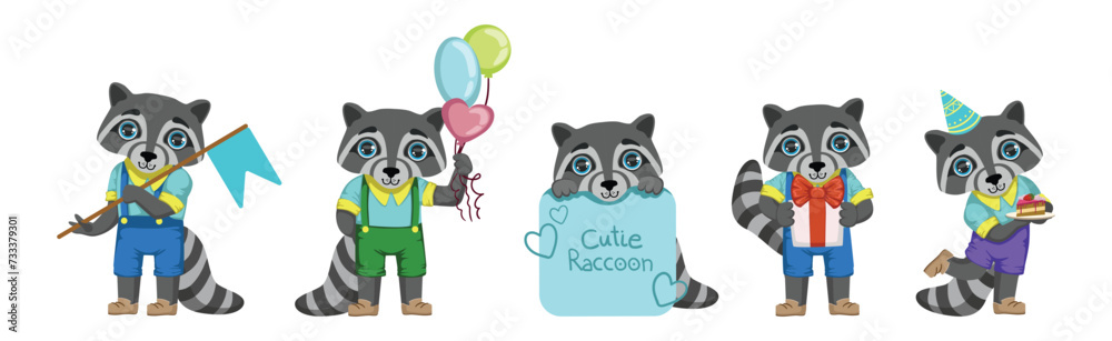 Raccoon Boy Character with Dress in Different Activity Vector Set Raccoon Boy Character with Dress in Different Activity Vector Set