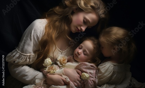 a motherholding her toddler and teenage girls