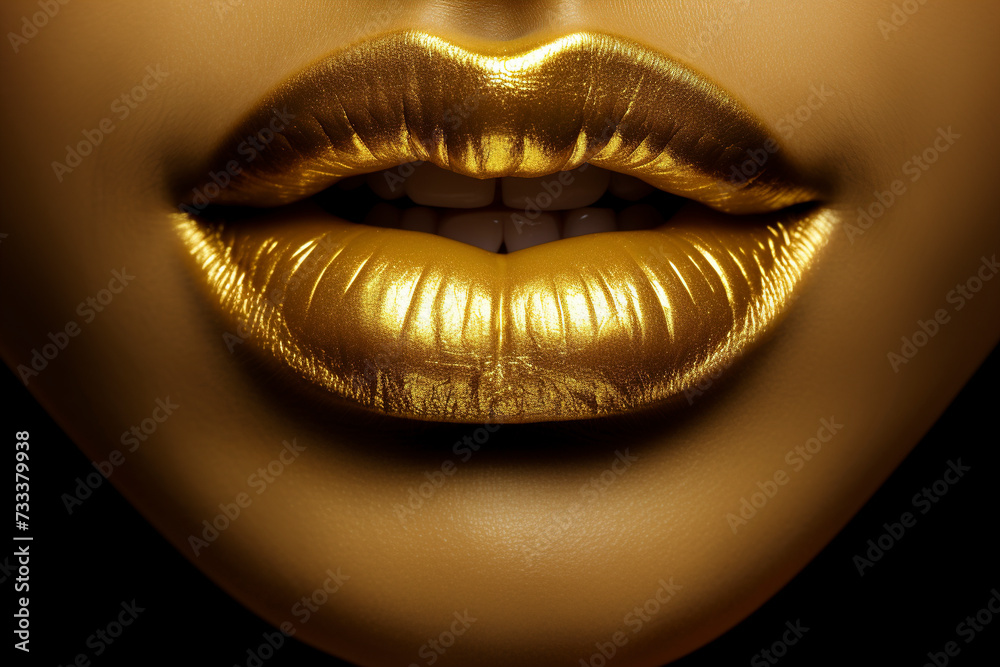 Golden lipstick on female lips. Metal gold lips. Lips with golden glitter effect. Woman mouth close up. Glamour luxury gold mouth. Gold concept. Metallic Lipstick closeup.