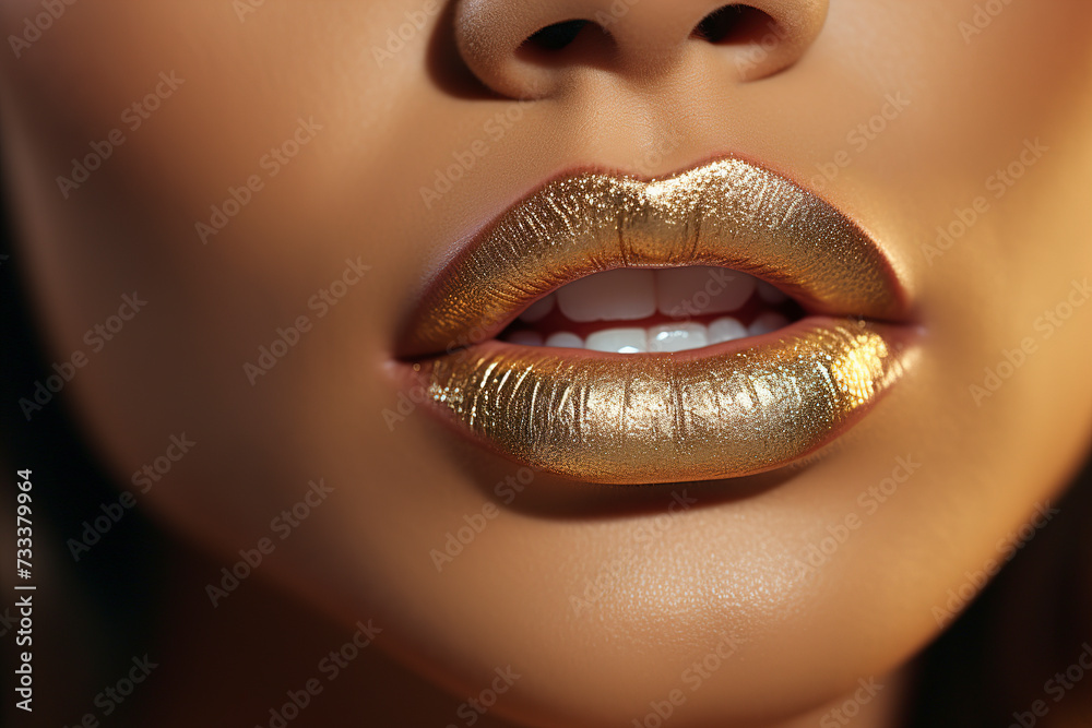Golden lipstick on female lips. Metal gold lips. Lips with golden glitter effect. Woman mouth close up. Glamour luxury gold mouth. Gold concept. Metallic Lipstick closeup.