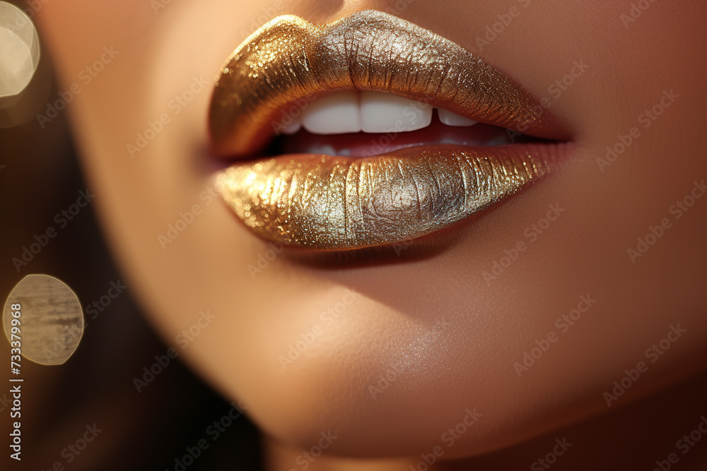 Golden lipstick on female lips. Metal gold lips. Lips with golden glitter effect. Woman mouth close up. Glamour luxury gold mouth. Gold concept. Metallic Lipstick closeup.