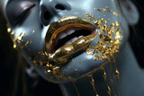 Golden lipstick on female lips. Metal gold lips. Lips with golden glitter effect. Woman mouth close up. Glamour luxury gold mouth. Gold concept. Metallic Lipstick closeup.