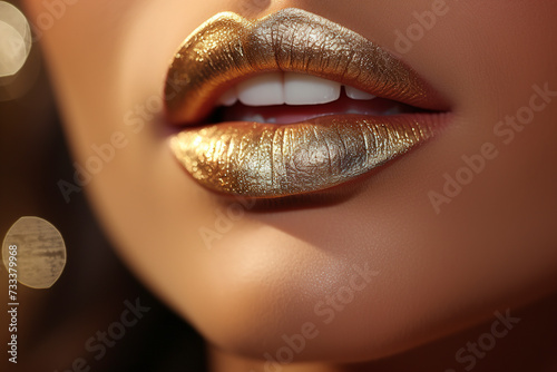 Obraz na płótnie Golden lipstick on female lips. Metal gold lips. Lips with golden glitter effect. Woman mouth close up. Glamour luxury gold mouth. Gold concept. Metallic Lipstick closeup. w salonie