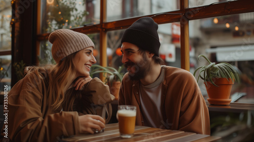 Foto Smiling couple in beanies sitting at a cafe table