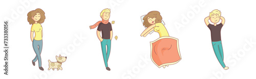 Man and Woman Character Relax Engaged in Different Activity Vector Set