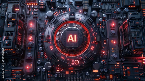 advanced electronic circuit board with futuristic processor and ai logo, technological concept illustration