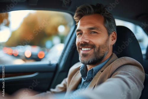 A bearded man exudes joy as he cruises through the open road in his car, showcasing a genuine smile that radiates pure happiness