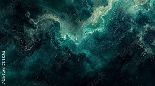 Enigmatic swirls of emerald green and midnight black converging in an intricate dance  creating a mysterious and sophisticated abstract artwork. 