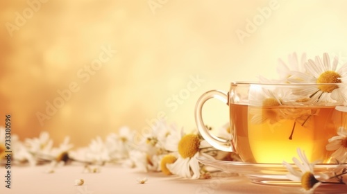 Hot chamomile tea in glass cups on the table. A healthy hot drink. Alternative medicine. A decoction of herbs.