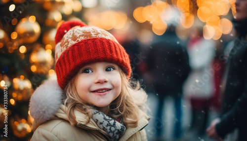 Little girl with hat and coat on a christmass tree background close up photo