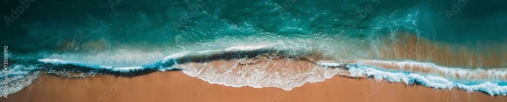 Aerial top view of beach shoreline in the morning, banner with copy space, Generative AI