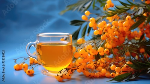 Sea buckthorn tea in a transparent glass teapot and cups with fresh berries and sea buckthorn leaves. Herbal vitamin tea. Soft sunlight.