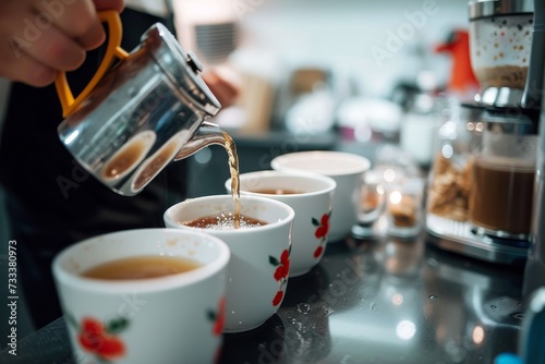 A barista delicately serves up a warm cup of caffeine in a charming teacup on a cozy kitchen table, creating a serene moment of indulgence and relaxation photo