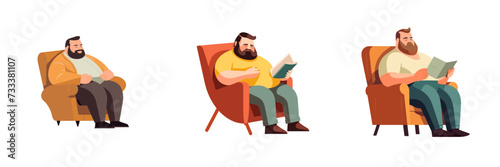 set of fat overweight plus size xxl obese men sleeping on a chair reading a book photo