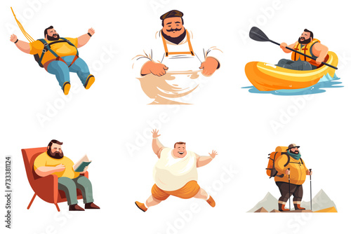 set of fat overweight plus size xxl obese men in doing different activities