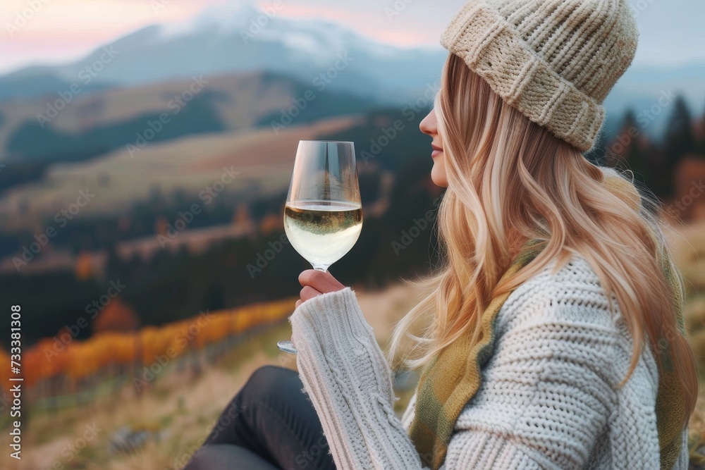 A serene woman savors the crisp autumn air as she raises her wine glass against a breathtaking mountain backdrop at an outdoor winery - obrazy, fototapety, plakaty 