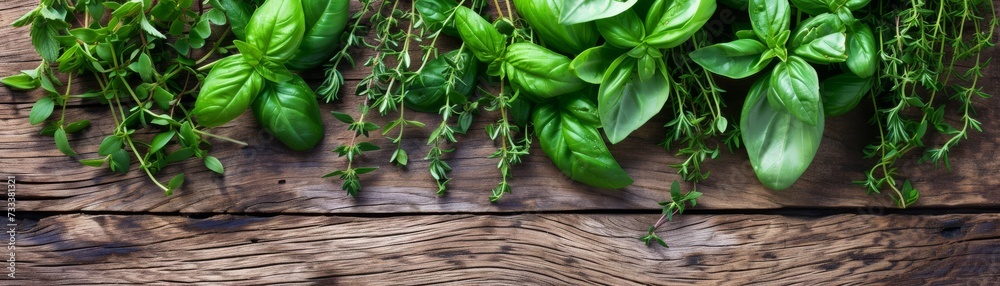 Aromatic display of organic herbs like basil, rosemary, and thyme, fresh from the garden, on a rustic wooden table, top view with copy space, Generative AI