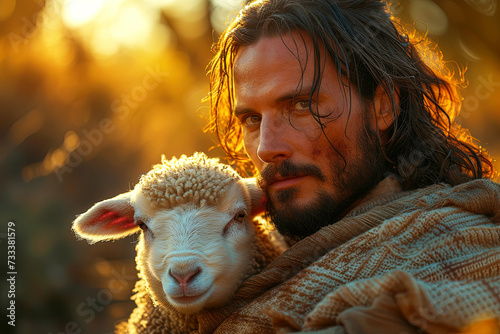 Jesus recovered lost sheep carrying it in his arms. Biblical story conceptual theme. religion, faith concept photo
