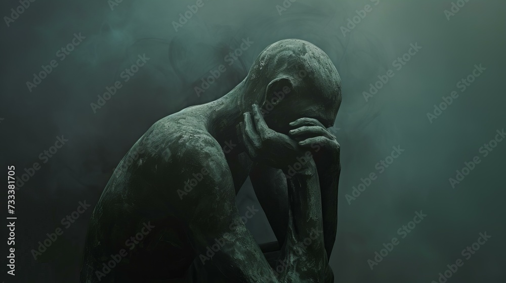 sculpture of a worried and sad man covering his face, side view wall art home decor print	